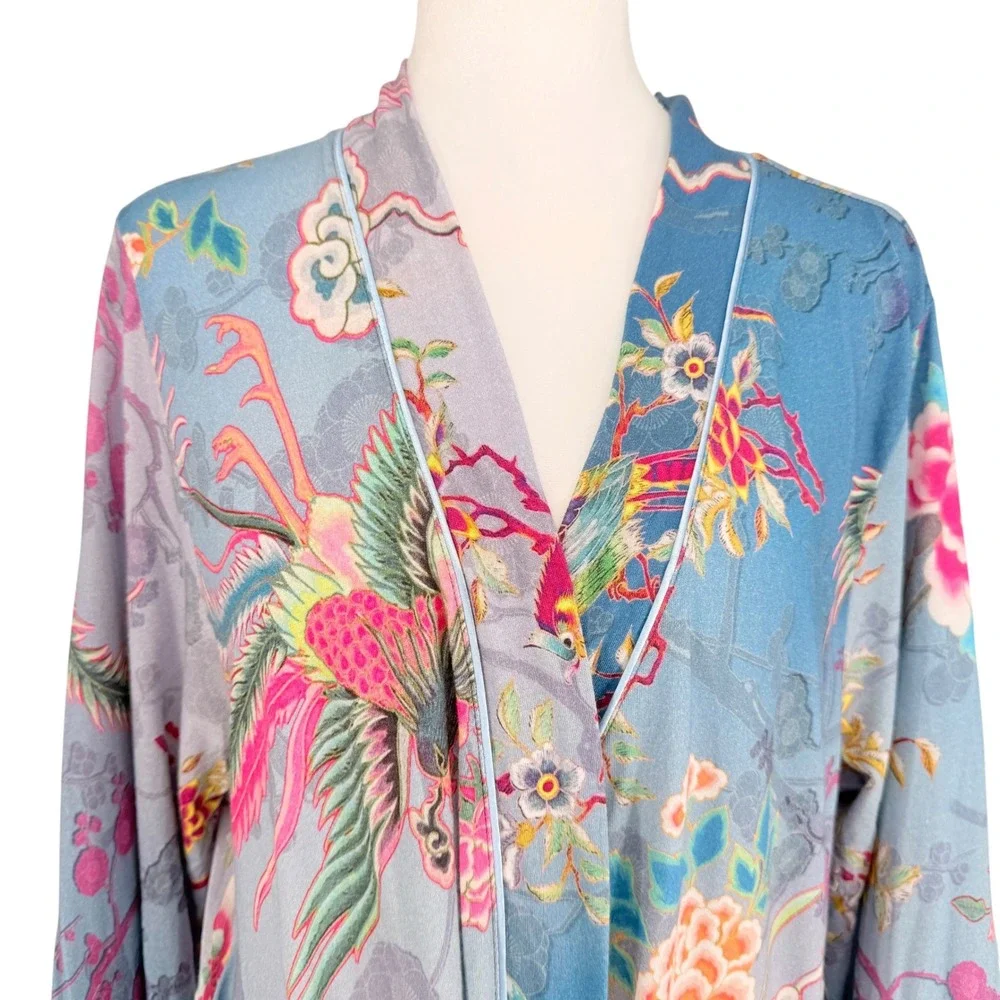 Johnny Was Women M Phoenix Floral Pima Cotton Modal Robe Kimono Blue Pockets